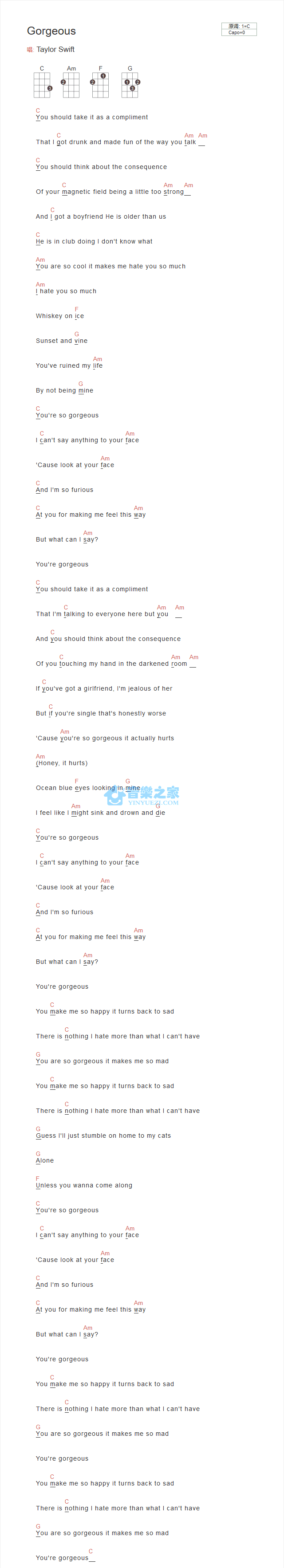 Gorgeous尤克里里谱
