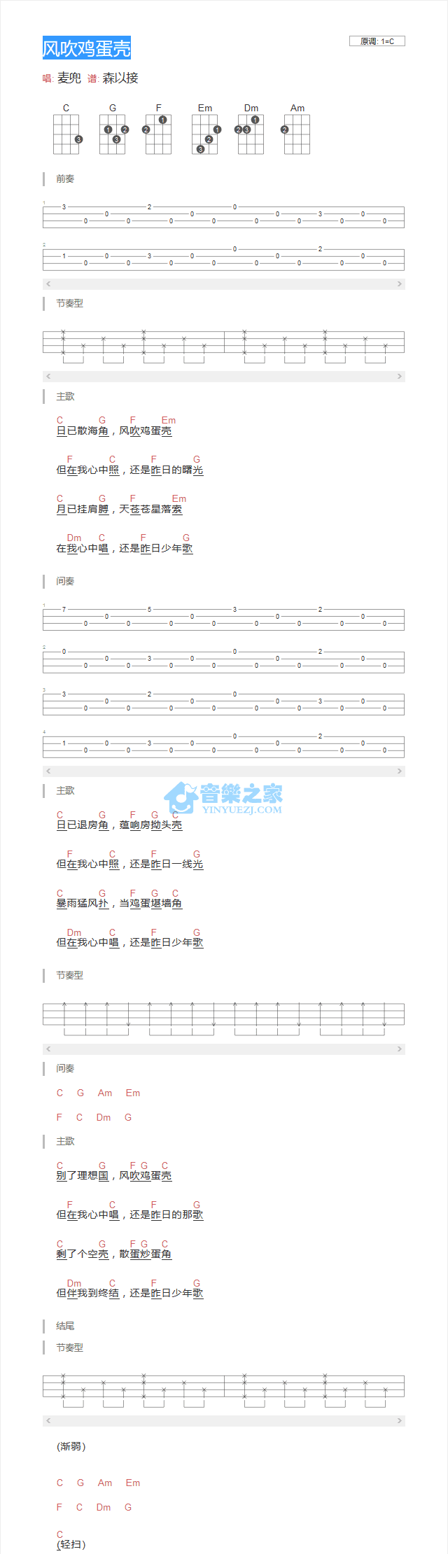 风吹鸡蛋壳尤克里里谱