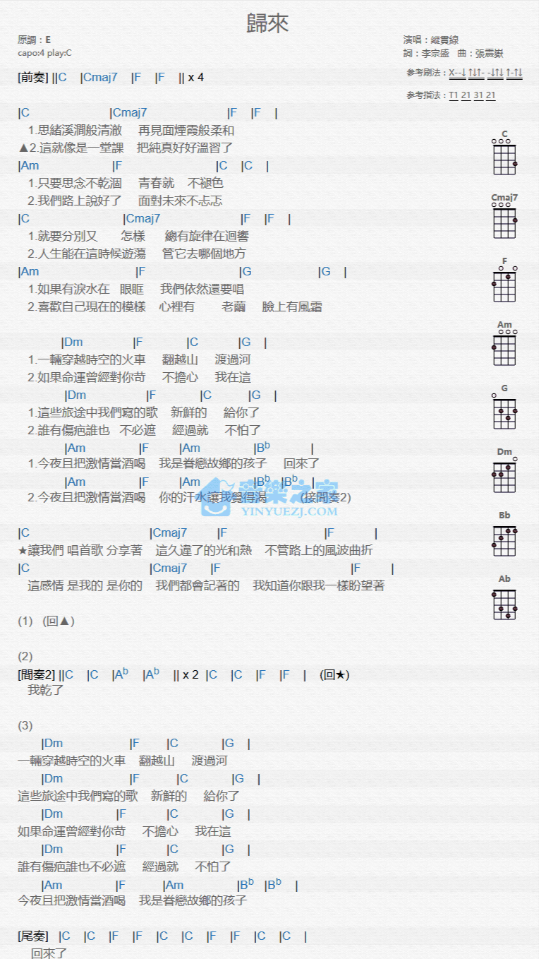 归来尤克里里谱