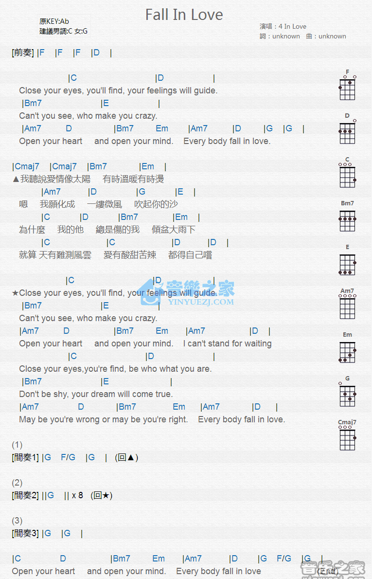 Fall In Love尤克里里谱