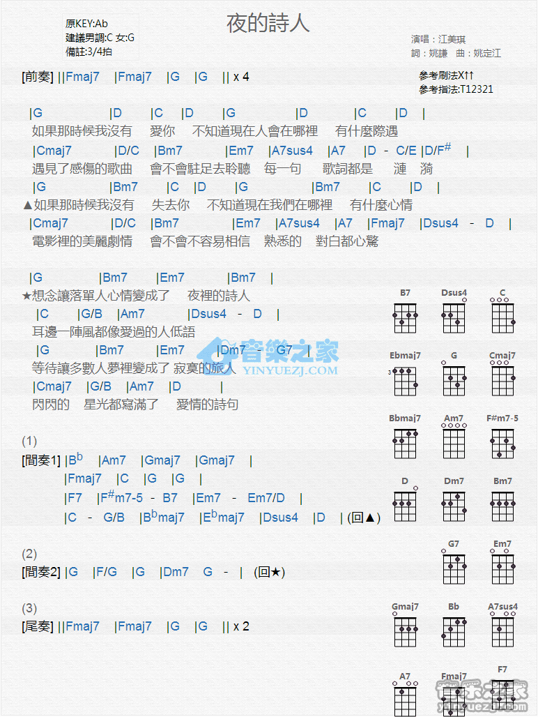 夜的诗人尤克里里谱