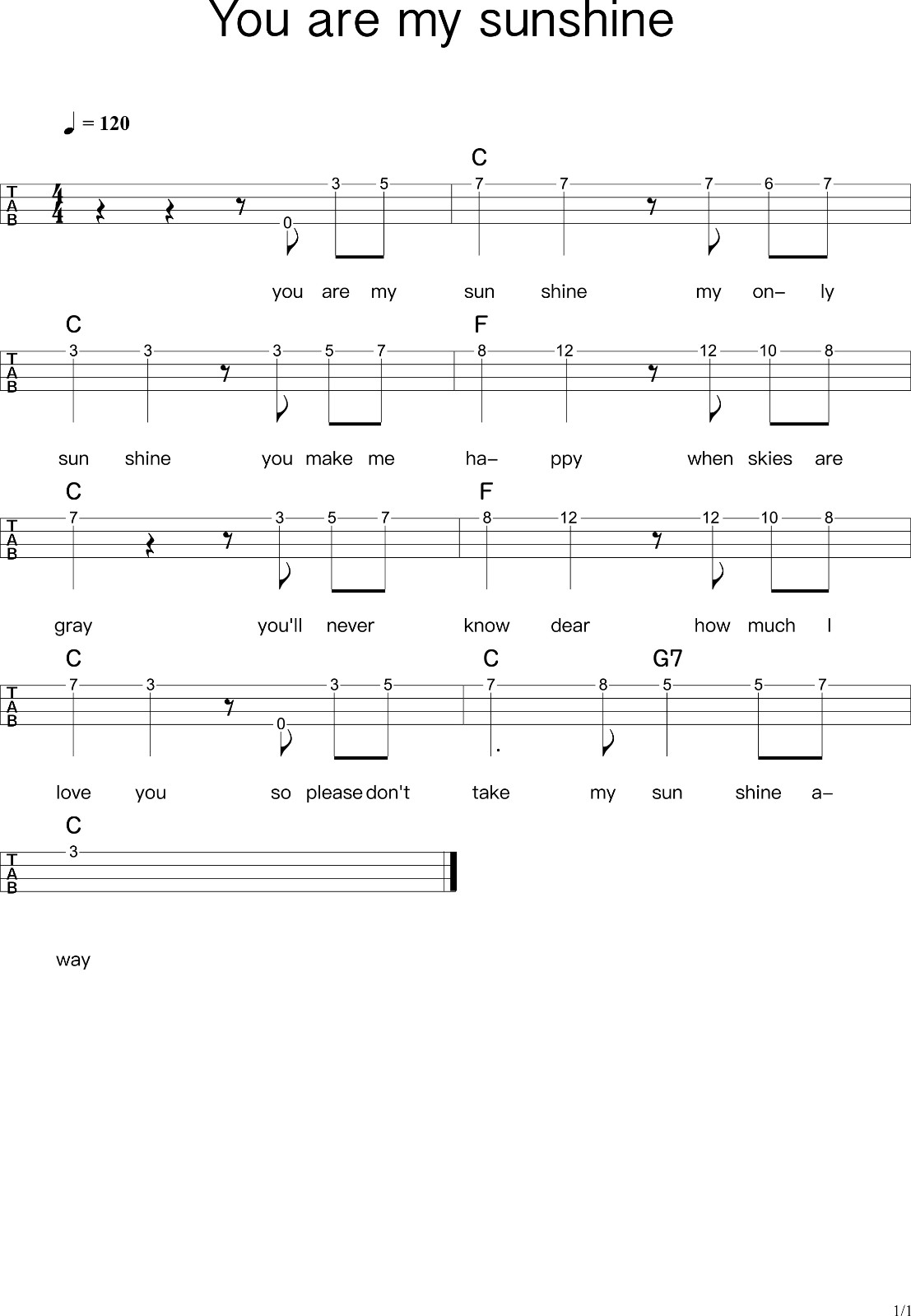 You are my sunshine尤克里里谱