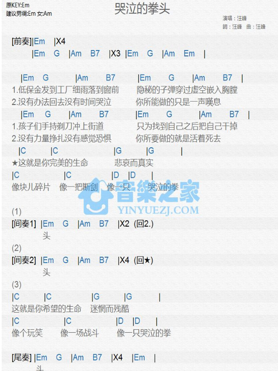 哭泣的拳头尤克里里谱