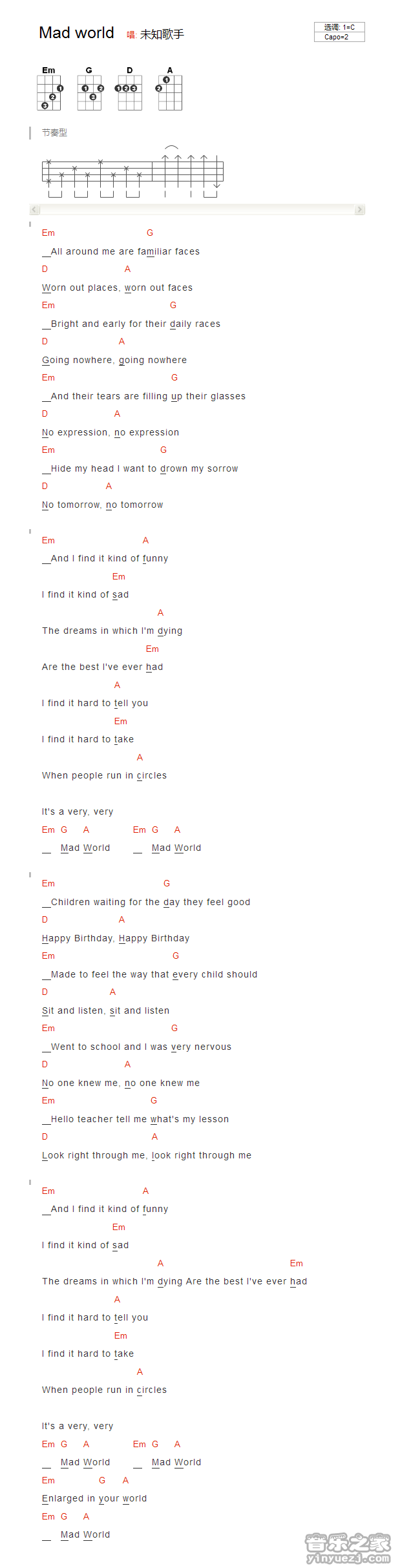 mad world尤克里里谱