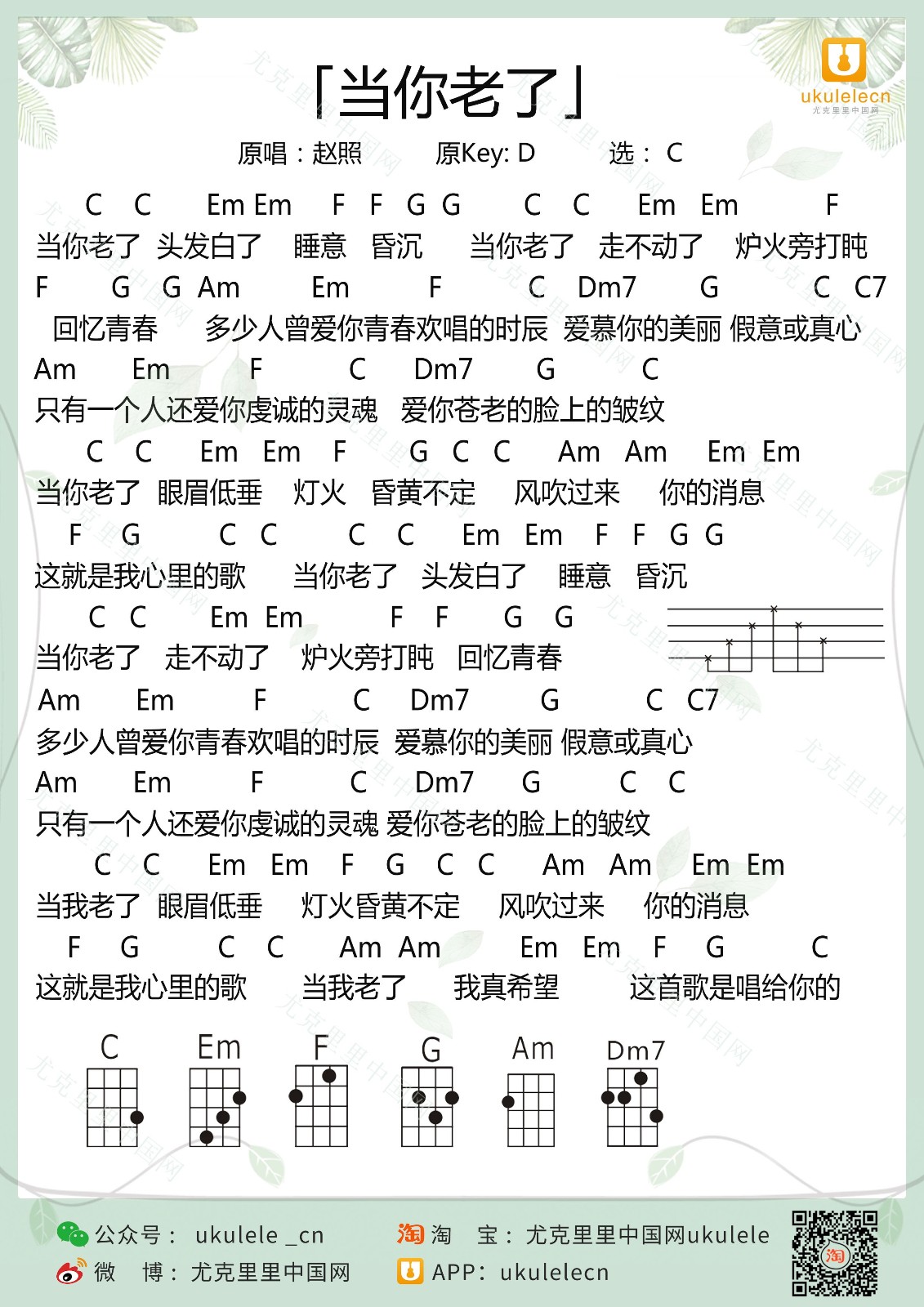 当你老了尤克里里谱